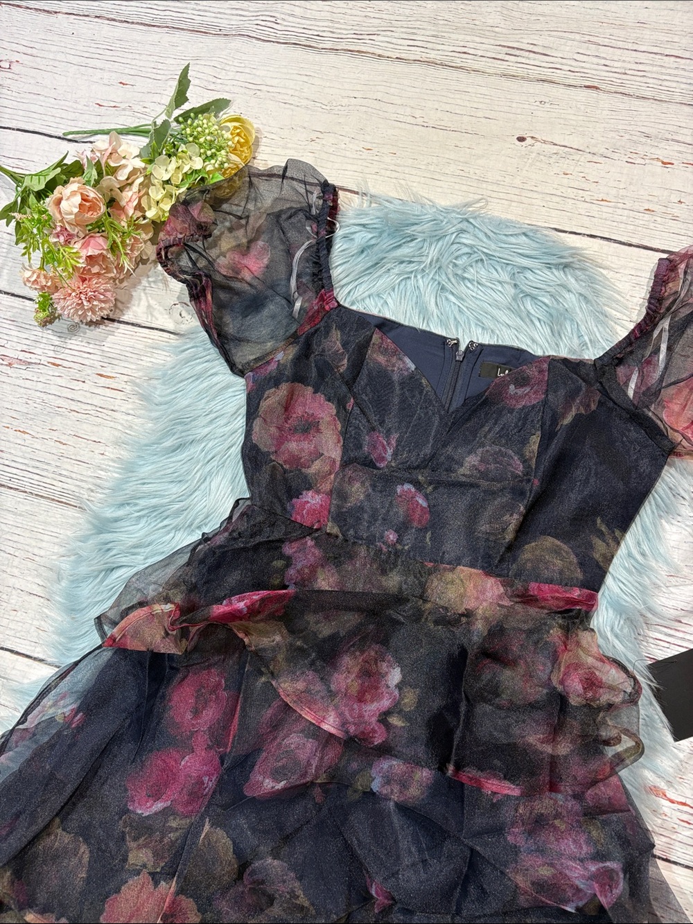 NWT Lulus Oh-So Stunning Navy Blue Floral Organza Tiered Midi Dress - Picture 9 of 9